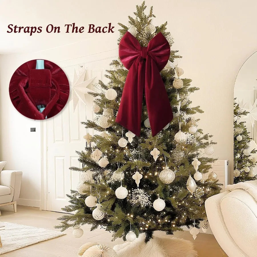 Large Red Velvet Christmas Tree Topper 36x18 Inches for Indoor Outdoor Use Burgundy Ribbon Gift Bows for Home Decor Wreaths Man