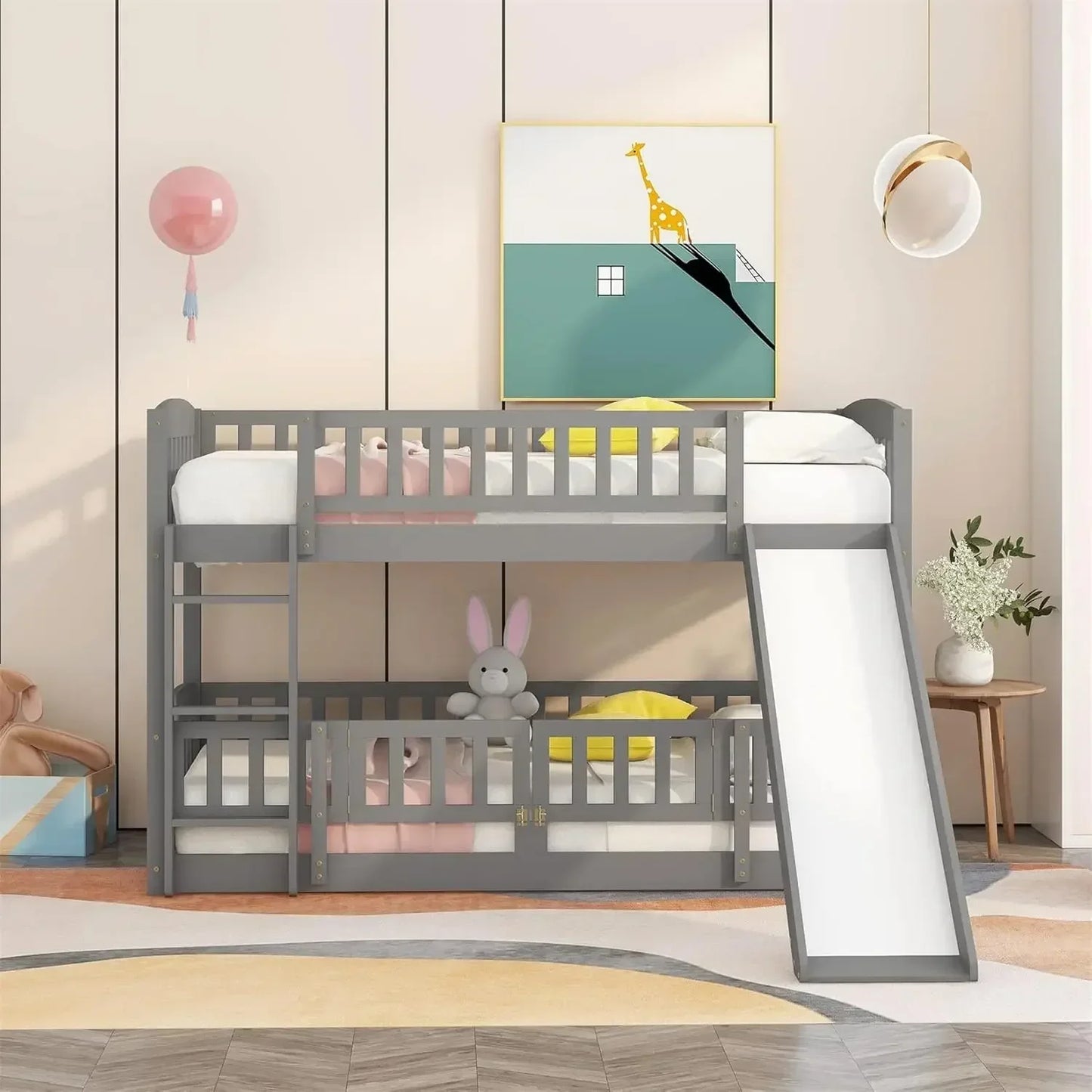 XMSJ Low Bunk Bed With Slide Wood Frame Rails For Kids