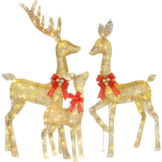Lighted Christmas Decoration Deer 3 Piece Set with LED Lights for Indoor and Outdoor Use Reindeer Family Decor for Front Yard P