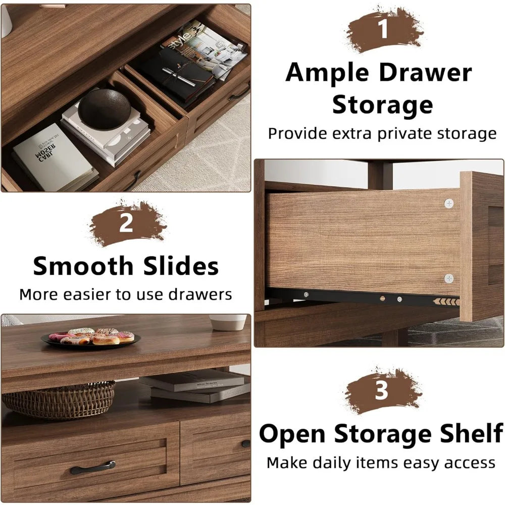 ANGDUO Farmhouse Coffee Table With Drawers Open Shelf