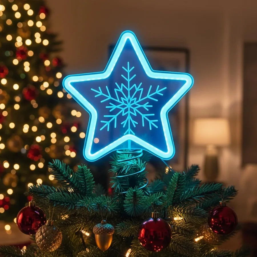 Christmas Star Tree Topper with LED Blue Light Snowflake Design USB or Battery Operated Perfect for Indoor Office and Home Holi