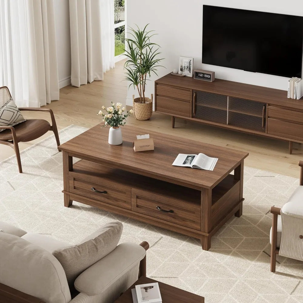 ANGDUO Farmhouse Coffee Table With Drawers Open Shelf