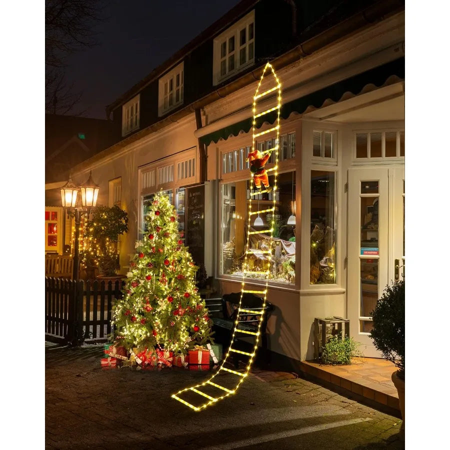 10ft Outdoor Christmas Decorative LED Ladder Lights with Climbing Santa Claus for Home Holiday Wall Window Decoration 8 Lightin