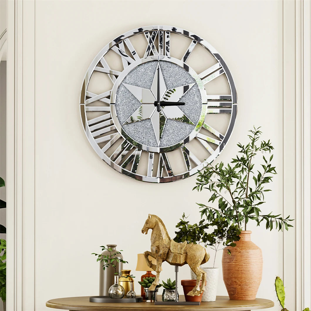 Combination Mirrored Wall Clock Round Beveled Roman Numeral