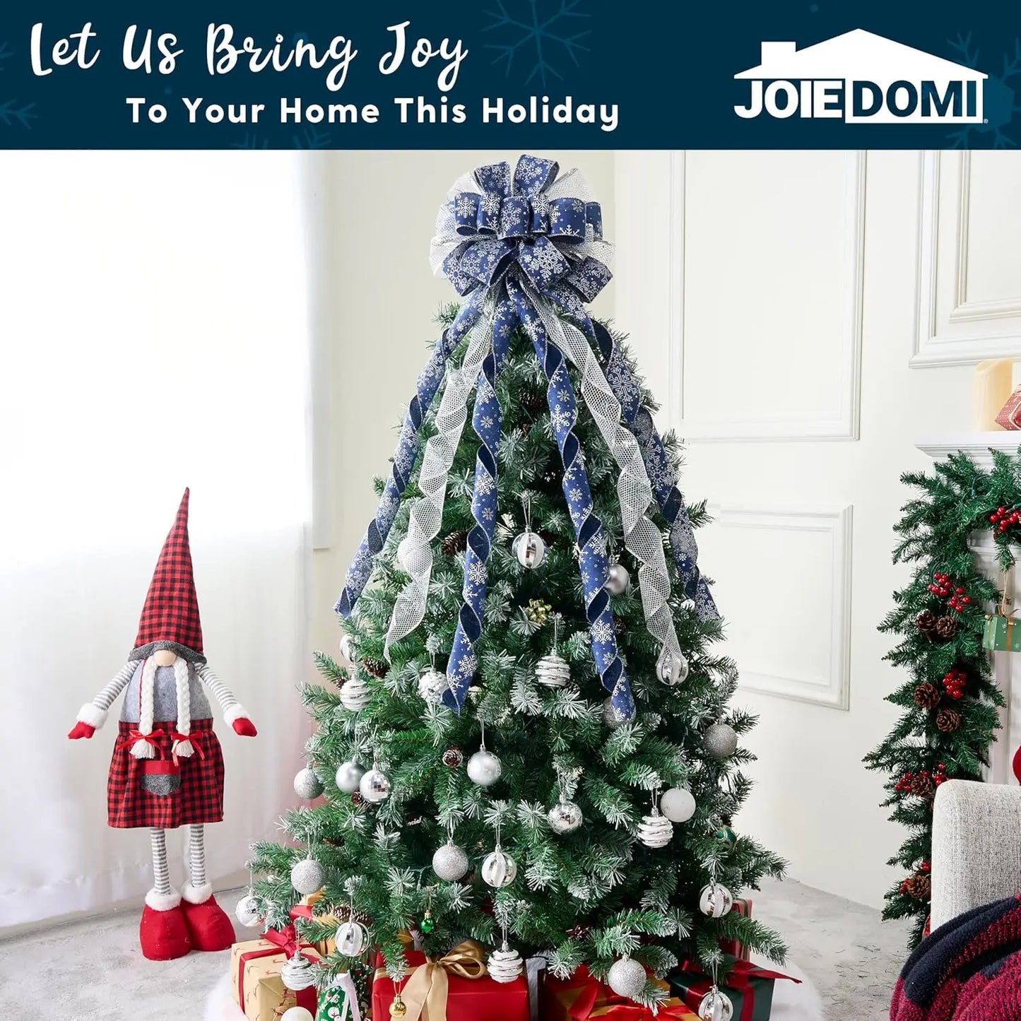 JOYFY 45 Inch Christmas Tree Topper Bow Blue Silver Ribbon Ornaments with Snowflakes Glitter for Xmas Holiday Themed Decoration