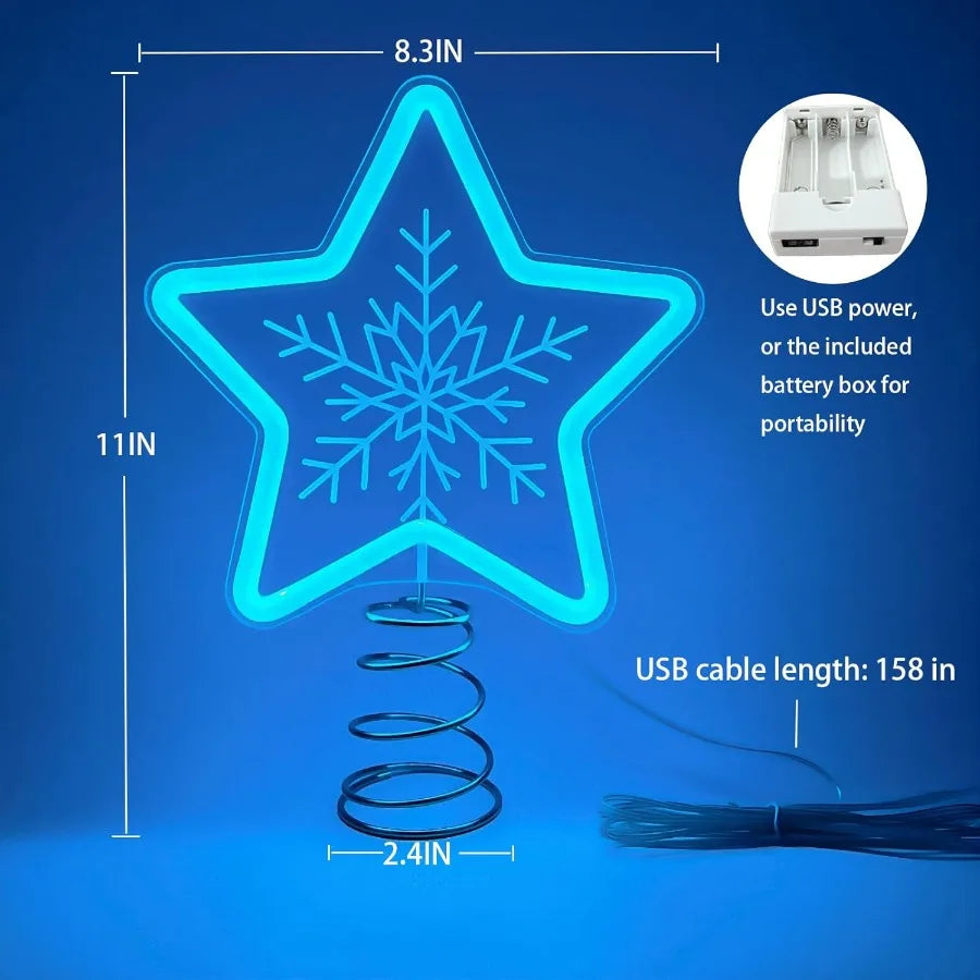 Christmas Star Tree Topper with LED Blue Light Snowflake Design USB or Battery Operated Perfect for Indoor Office and Home Holi