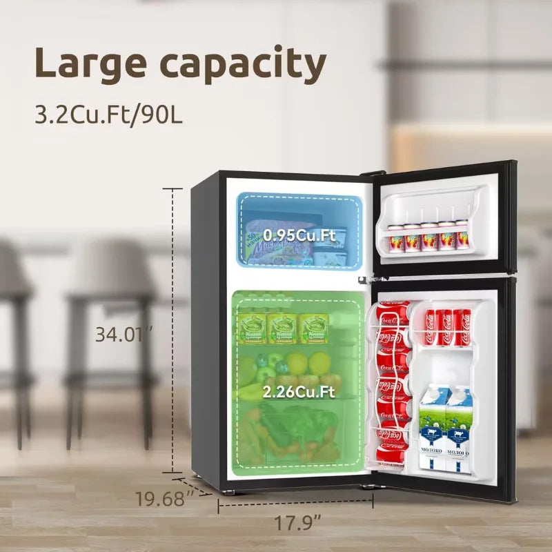 BANGSON Mini Fridge with Freezer, 2 Door Small Refrigerator with Freezer, Mini Fridge for Bedroom, 3.2 CU.FT, For Home, Office