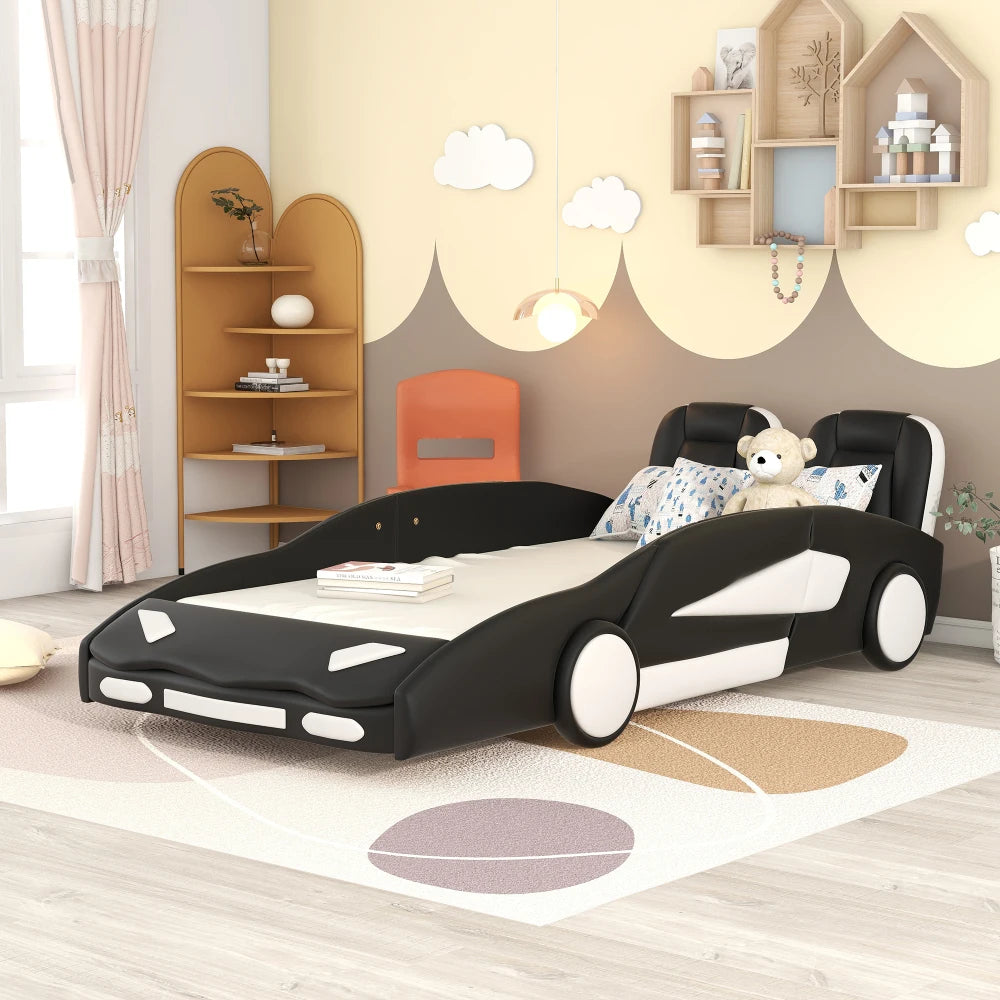 JUANLI Race Car Shaped Platform Bed With Wheels For Kids