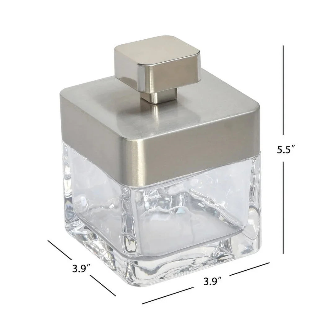 Metal and Glass Covered Jar Bathroom Organizer Brushed Silver Lid Thick Glass Base Storage Cotton Balls Hair Accessories Jewelry