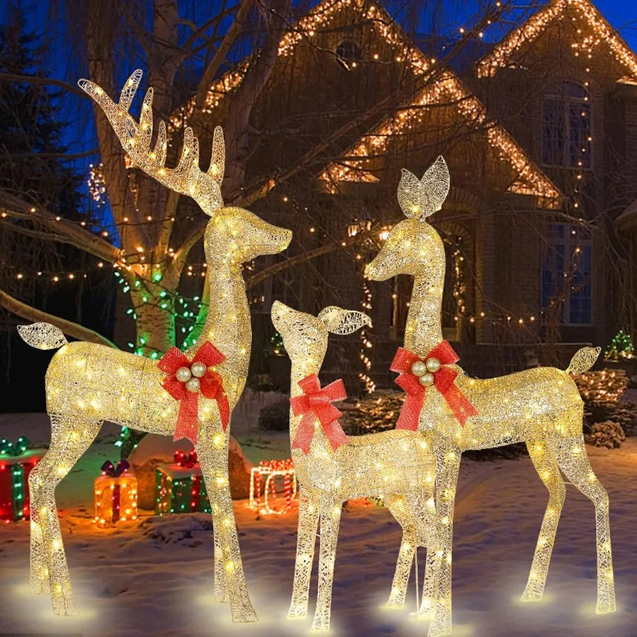 Lighted Christmas Decoration Deer 3 Piece Set with LED Lights for Indoor and Outdoor Use Reindeer Family Decor for Front Yard P