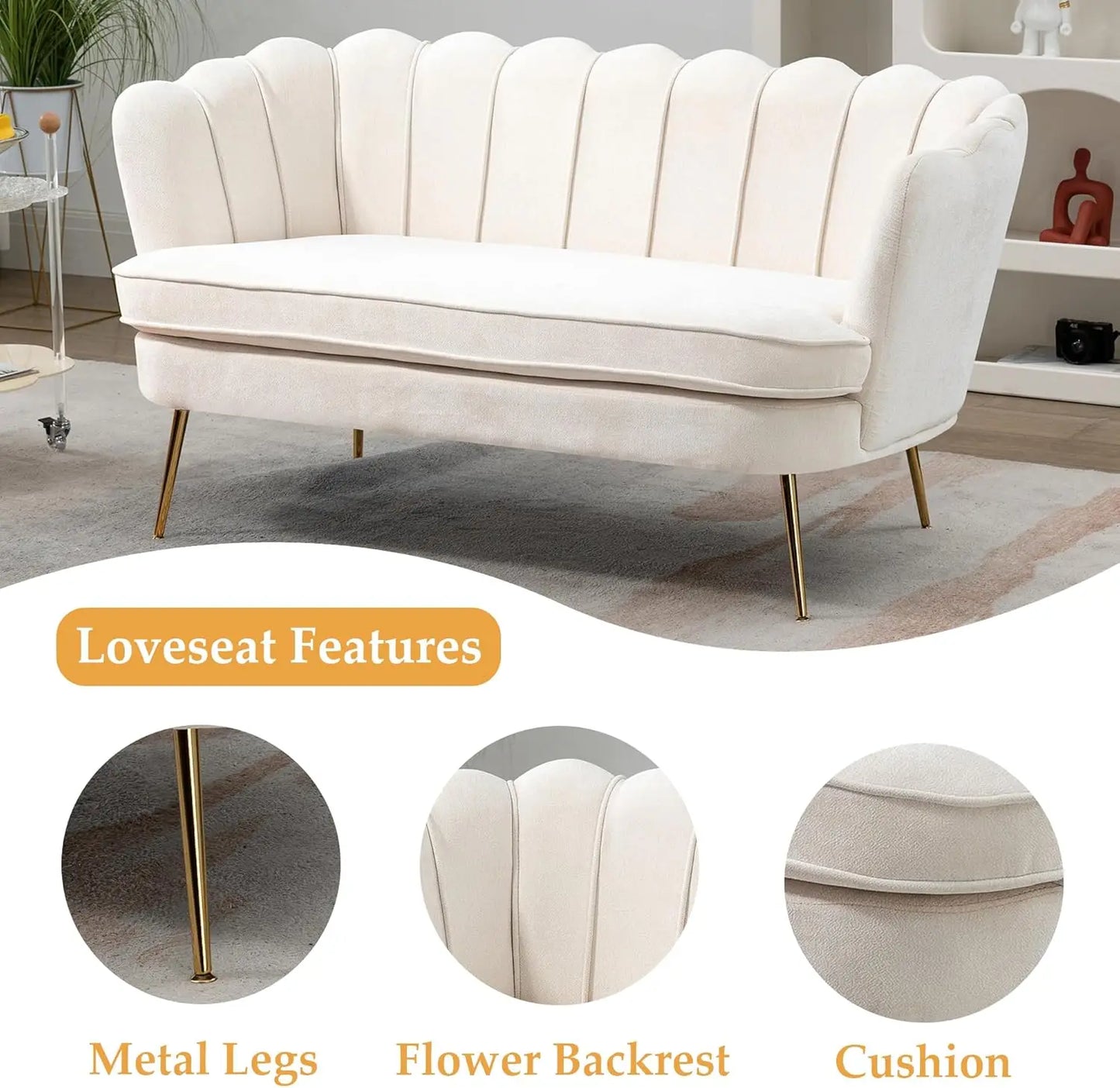 XMSJ Modern Chenille Loveseat Sofa Flower Back Gold Legs