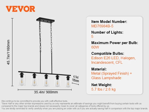 VEVOR 5 Light Kitchen Island Pendant Lights 60W Glass Shade