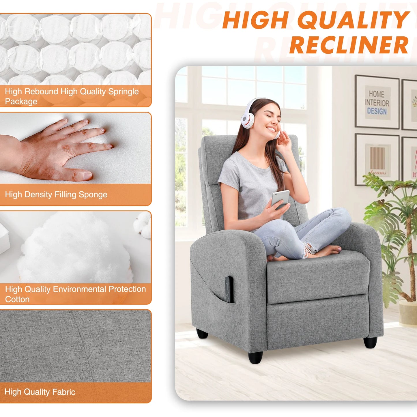 JHK Recliner Chair Massage Sofa Fabric Lumbar Support