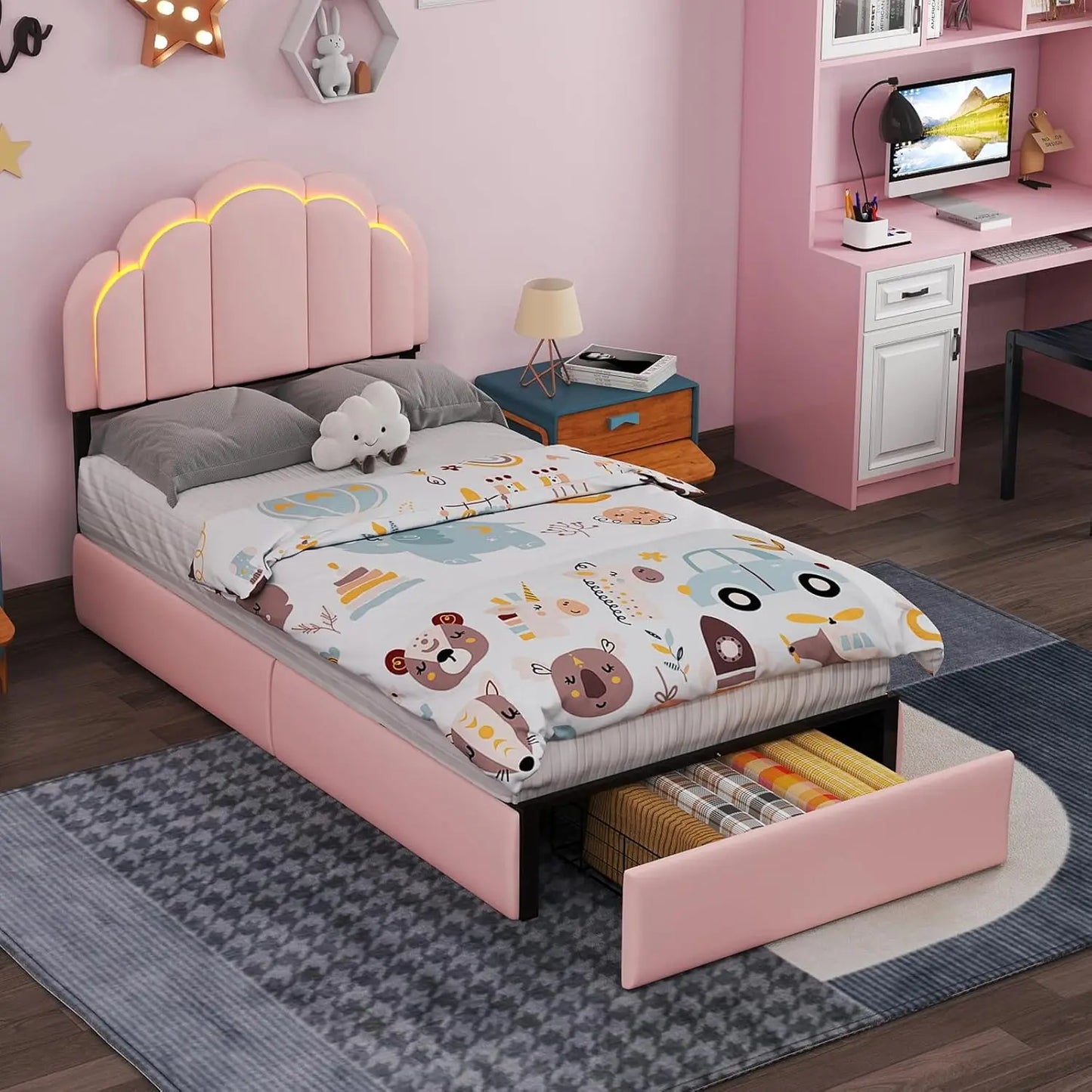 ANGDUO LED Bed Frame with Storage Drawers Petal Headboard