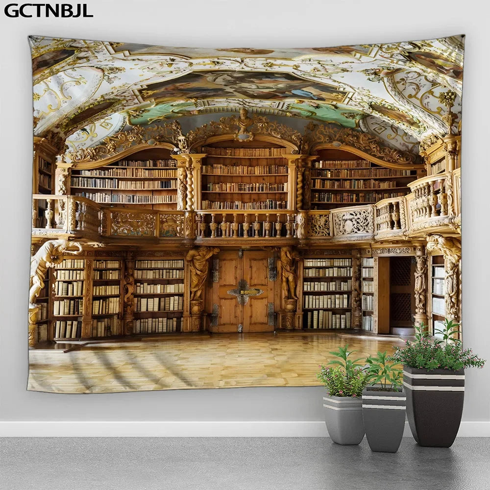 Library Tapestry Hanging Wall Classic Bookshelf Aesthetic Study Room Bedroom Room Home Decor Polyester Fabric Wall Tapestry