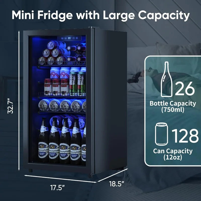 Beverage Fridge, 130 Can Mini Fridge With Glass Door, Beverage Cooler Refrigerator, Wine Drink Beer Cooler