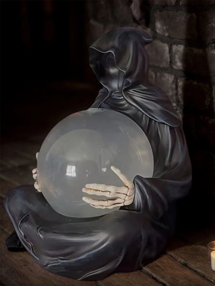 Grim Reaper Statue Reaper Sitting With Bat Crystal Ball