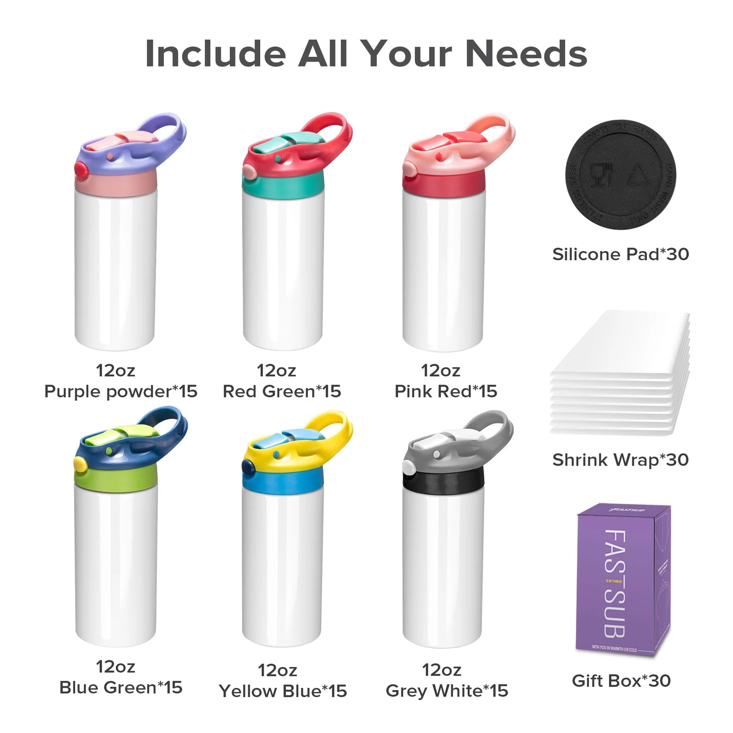 12/30 Pack 12oz Sublimation Kids Tumblers,with Silicone Sleeve & Shrink Wrap,Blank Heat Transfer Ready,Handmade for Boys & Girls