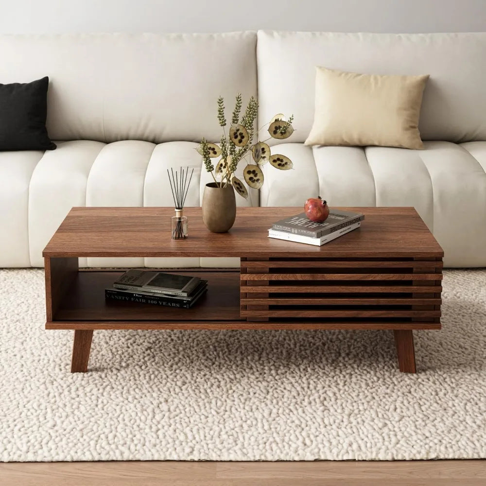 DAFIFY Mid Century Coffee Table With Storage Sliding Door
