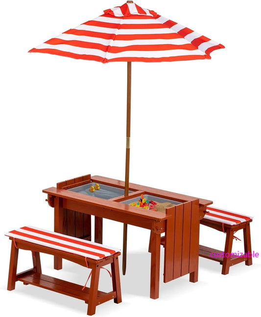 XMSJH Kids Picnic Table With Umbrella Outdoor Wooden Set