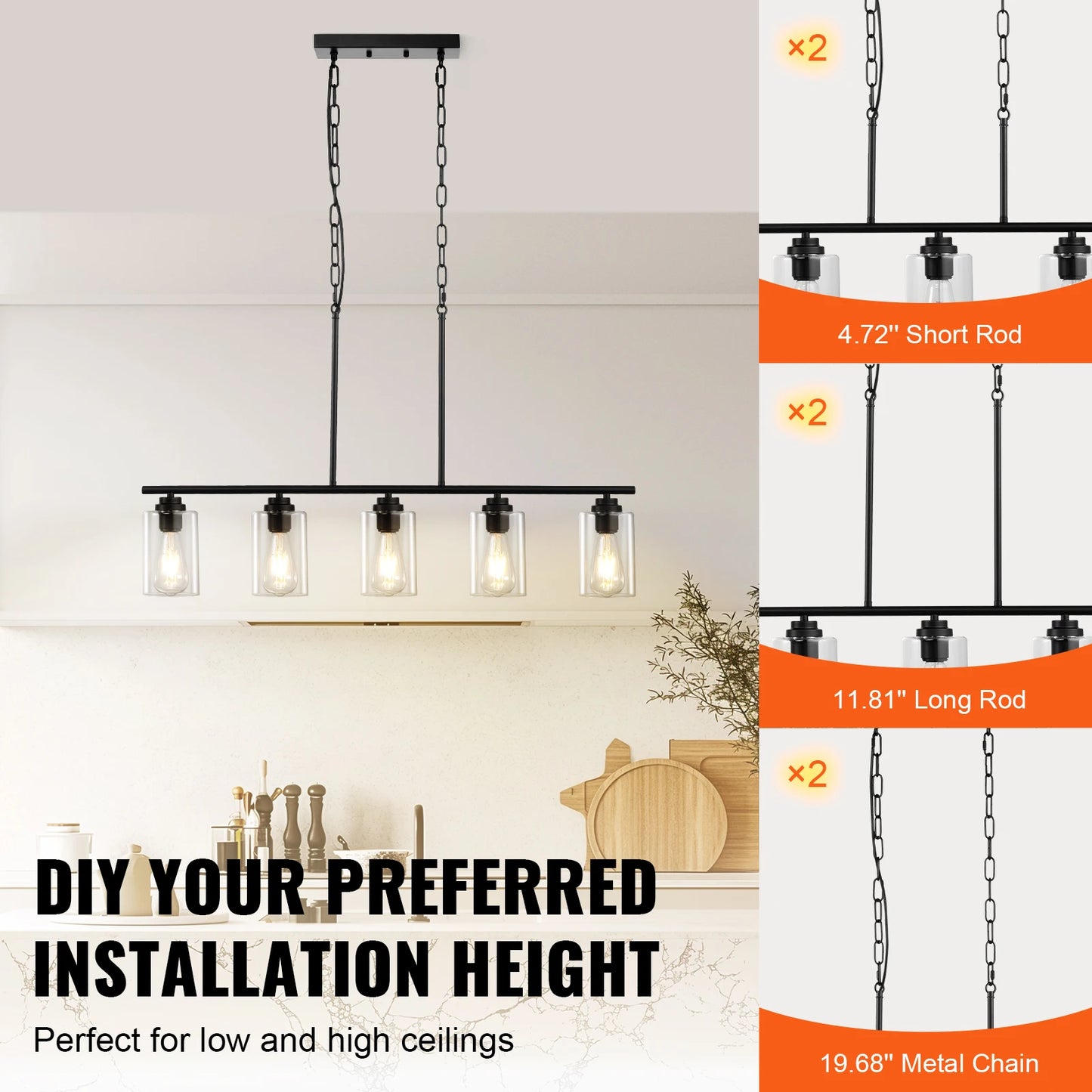 VEVOR 5 Light Kitchen Island Pendant Lights 60W Glass Shade