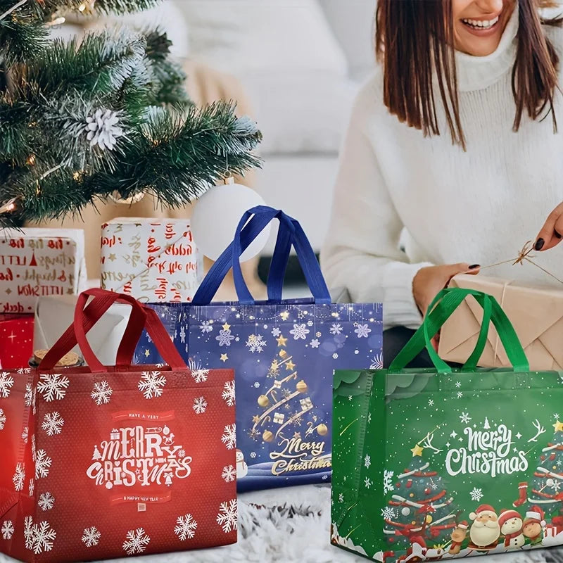48PCS Christmas Reusable Grocery Bags, Tote Bags With Handles, Christmas Treat Bags, Multifunctional Non-Woven Bags For Gifts Wr