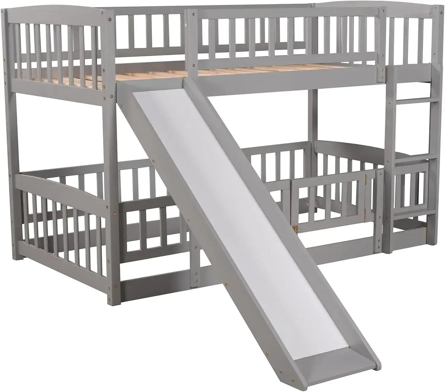 XMSJ Low Bunk Bed With Slide Wood Frame Rails For Kids