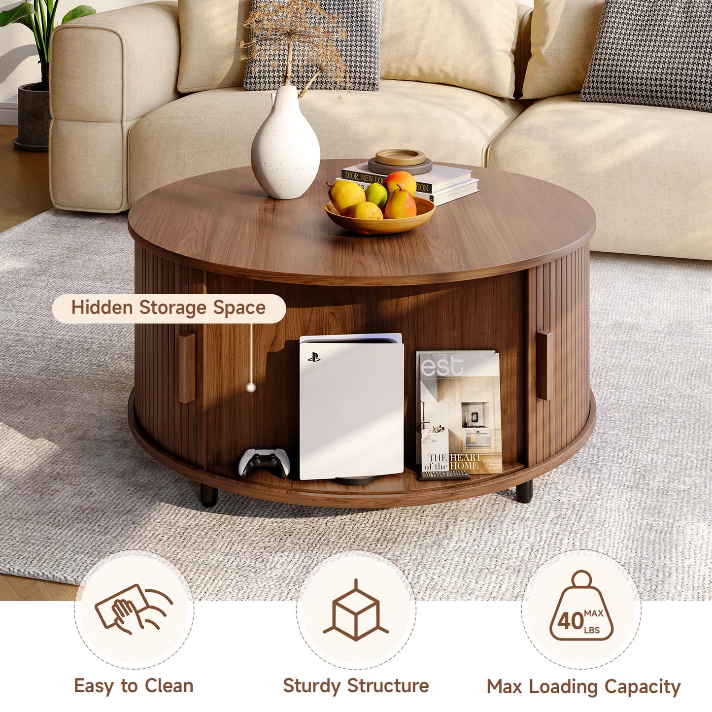 ONBRI Round Coffee Table With Storage And Sliding Door