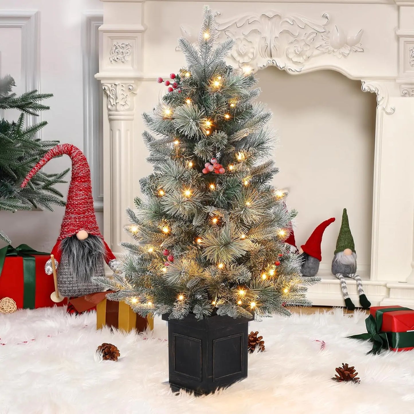 3FT Prelit Snow Flocked Christmas Tree with Prelit Premium 78 LED 8 Mode Battery Powered Small Xmas Tree For Home Decoration