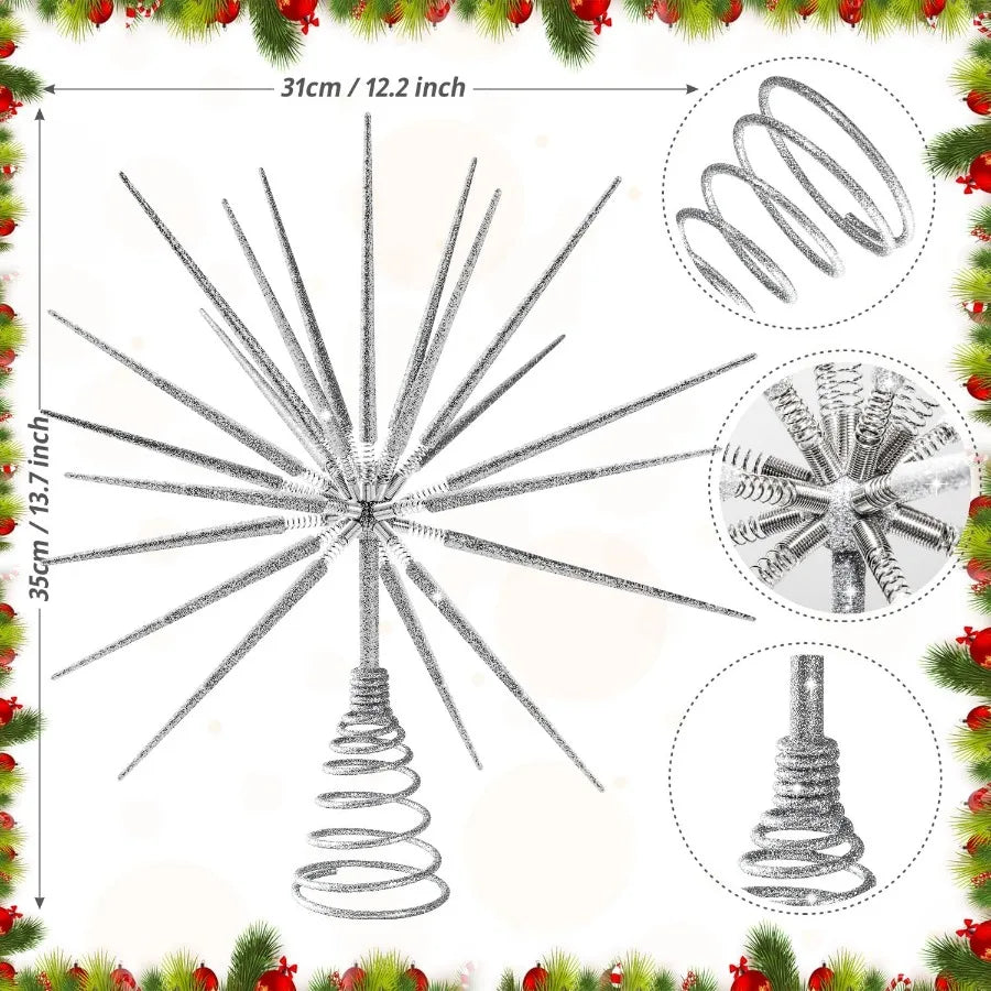 Elegant Silver Christmas Tree Topper 13.7 Inch with Star Burst Design for Holiday Decorations Perfect for Home Office and Event