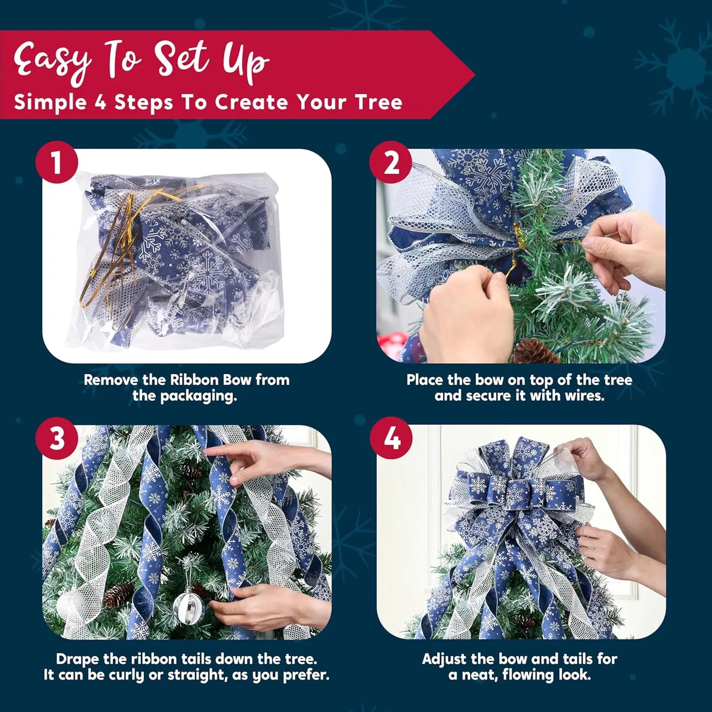 JOYFY 45 Inch Christmas Tree Topper Bow Blue Silver Ribbon Ornaments with Snowflakes Glitter for Xmas Holiday Themed Decoration