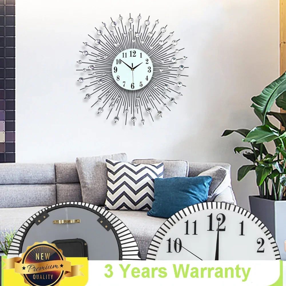 Display Sunburst Metal Wall Clock Modern Diamond Decor