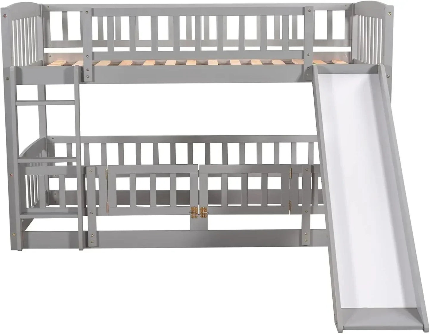 XMSJ Low Bunk Bed With Slide Wood Frame Rails For Kids