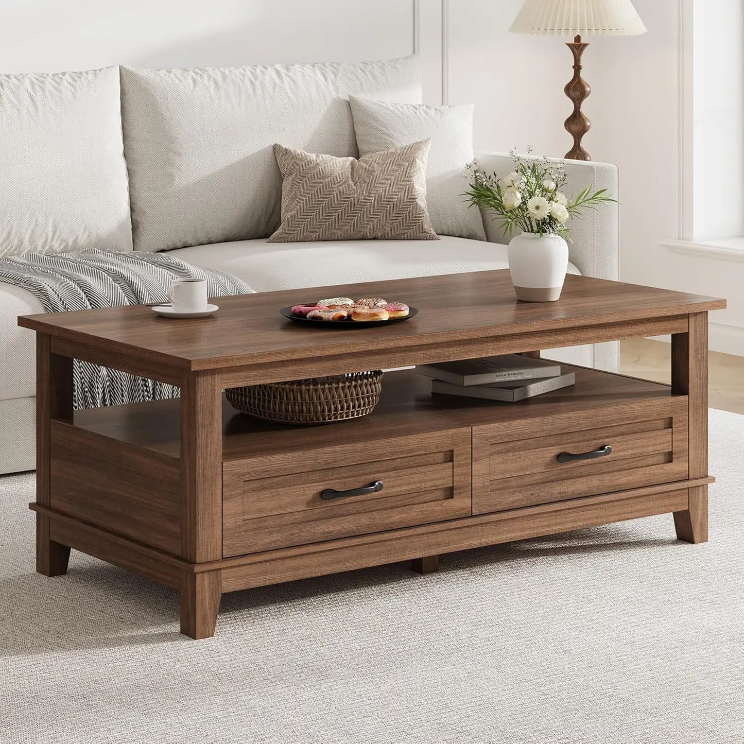 ANGDUO Farmhouse Coffee Table With Drawers Rustic Living