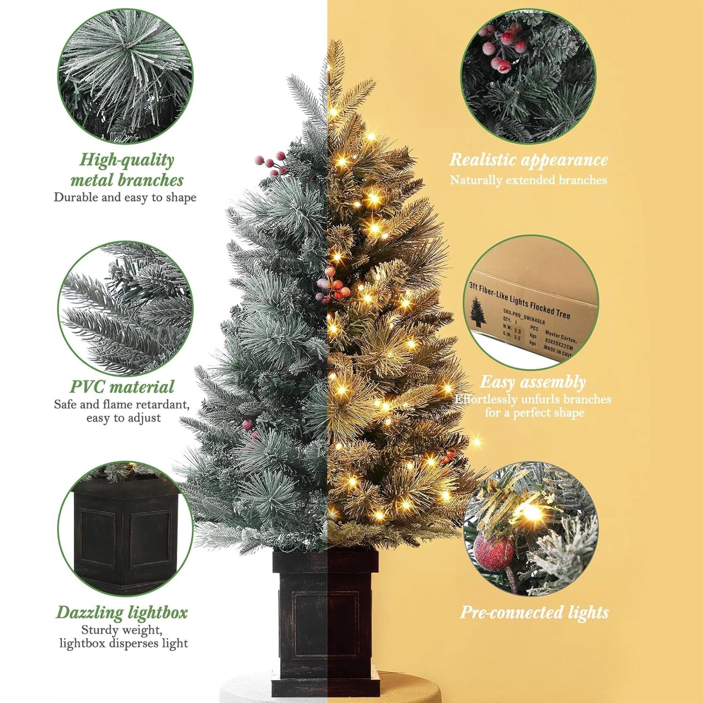 3FT Prelit Snow Flocked Christmas Tree with Prelit Premium 78 LED 8 Mode Battery Powered Small Xmas Tree For Home Decoration