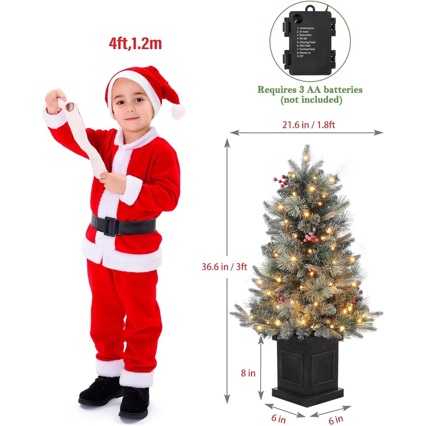 3FT Prelit Snow Flocked Christmas Tree with Prelit Premium 78 LED 8 Mode Battery Powered Small Xmas Tree For Home Decoration